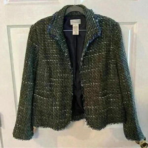 JohnPaulRichard Wool Blend Tweed Open Front Jacket in Black Blue Brown Size 12